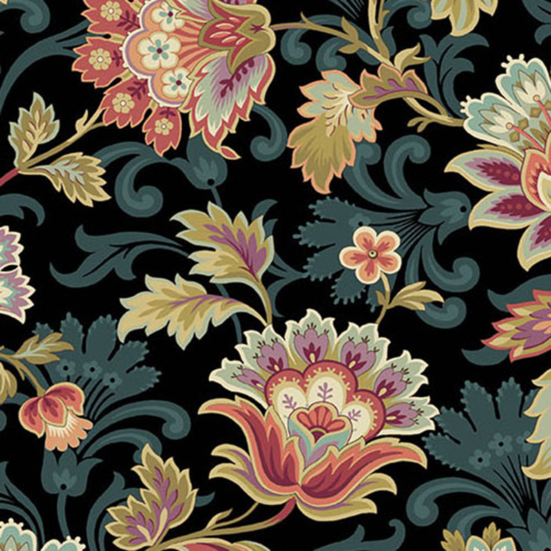 A black fabric with large, colorful bohemian-style florals and swirls all over