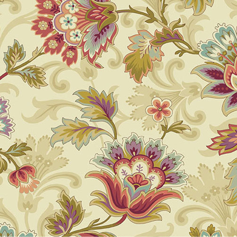 Cream colored fabric with large, colorful bohemian-style florals and swirls