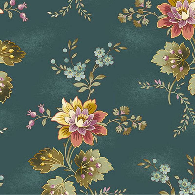 Teal blue fabric with large, colorful bohemian style florals and vines