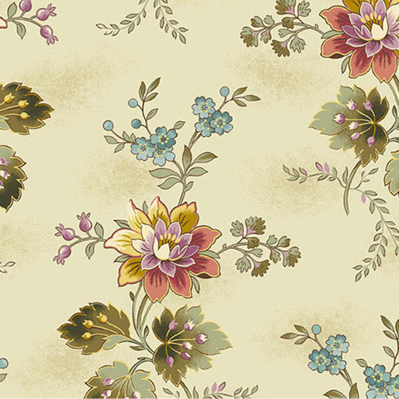 Cream colored fabric with large, colorful bohemian style florals and vine clusters