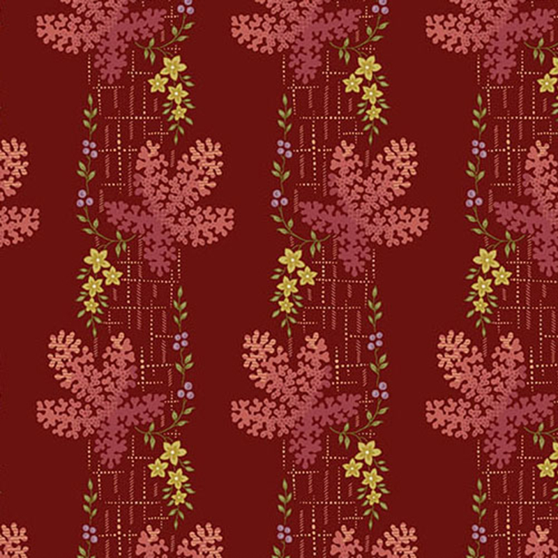 Red fabric with stripes of large, textured flowers and small floral clusters