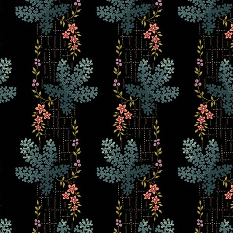 Black fabric with stripes of large, textured leaves and small florals