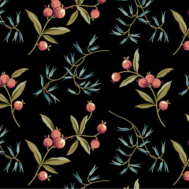 Black fabric with large, stylized sprigs and berries and little blue flower blooms