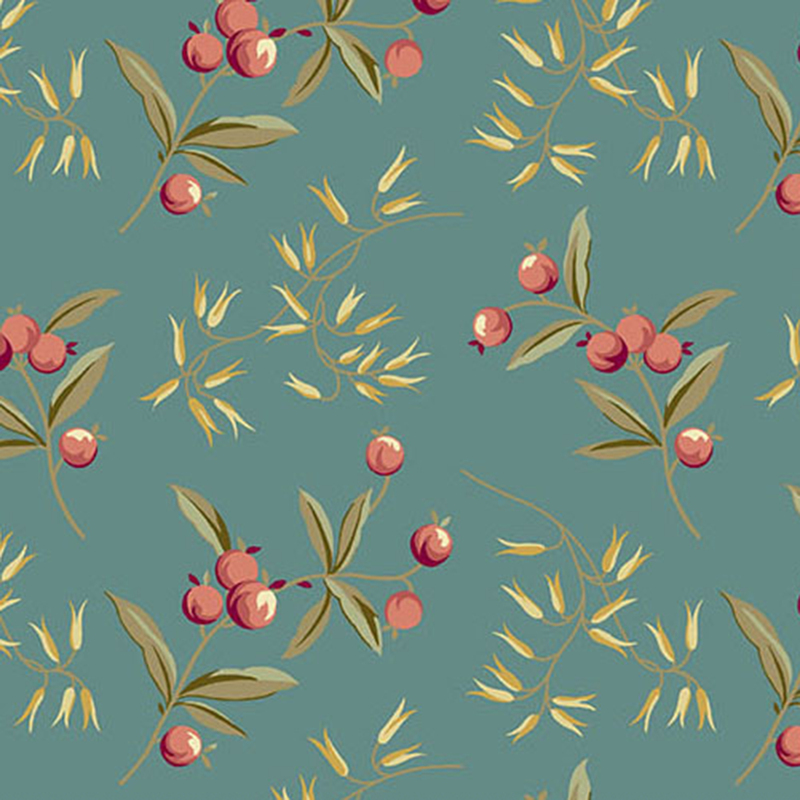 Teal fabric with large, illustrated sprigs and red berries throughout