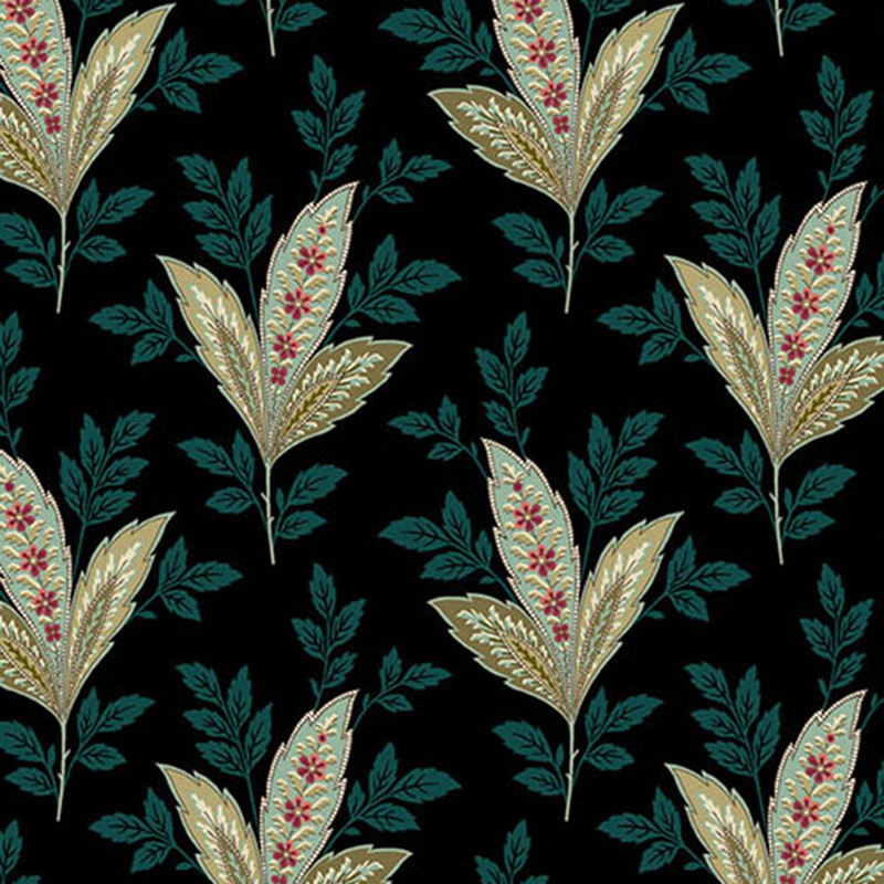Black fabric with large, bohemian-style leaves and dark teal leaves scattered in the background