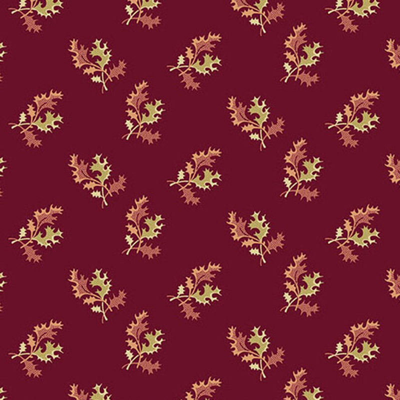 Wine colored fabric with tossed beige and red ditsy leaf clusters