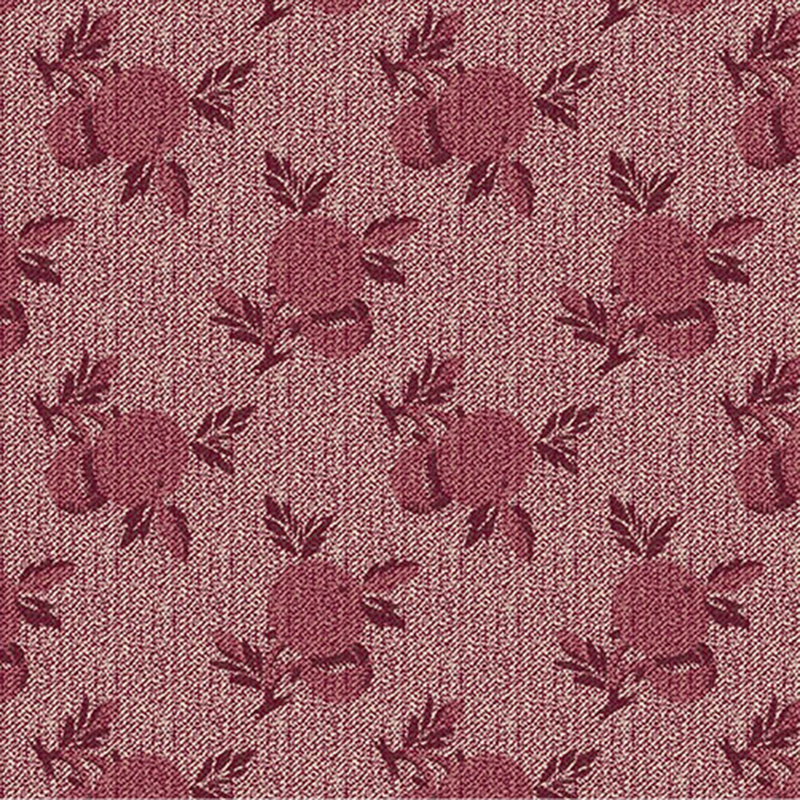 A wine colored fabric with large repeating floral patterns and a 