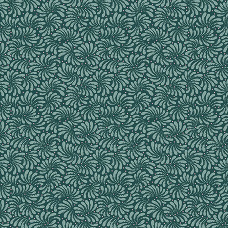 Teal fabric with a repeating, intricate swirled pattern throughout