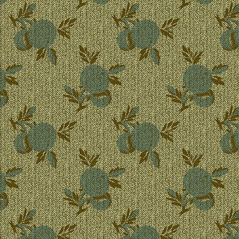 Olive green fabric with large repeating teal floral patterns and a 