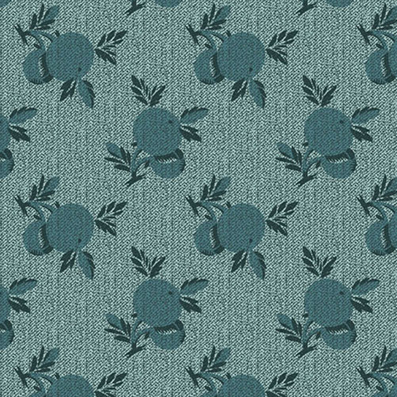 Tonal teal fabric with large repeating floral patterns and a 