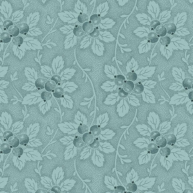 Light teal fabric with large floral clusters and vines throughout
