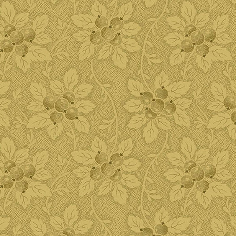 Golden tan fabric with large floral clusters and vines throughout