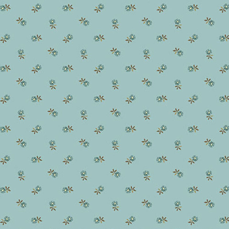 Blue fabric with a small, blue, ditsy floral pattern throughout