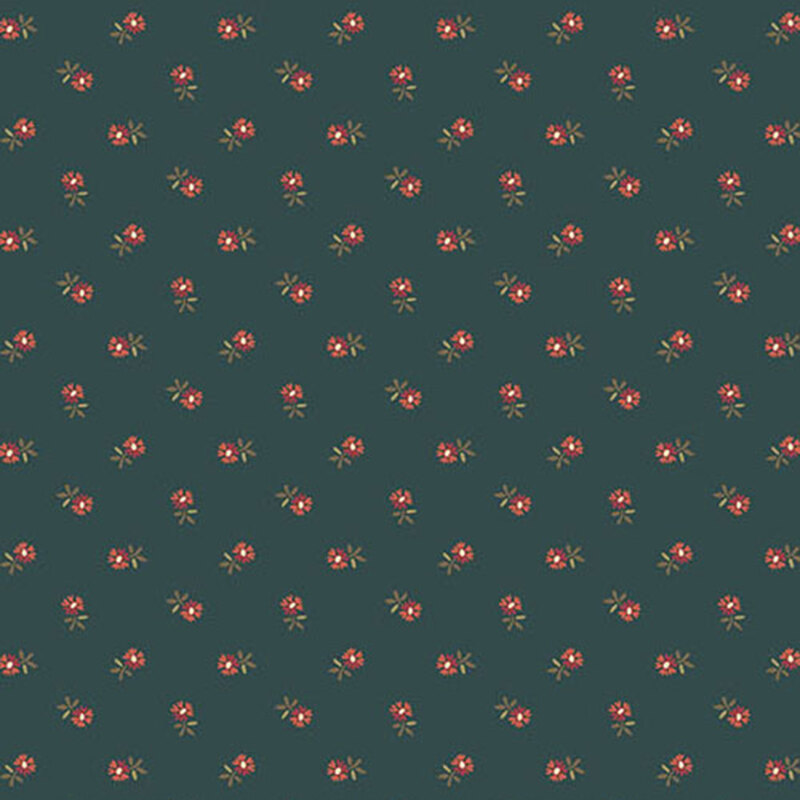 Dark teal fabric with small, red, ditsy florals throughout
