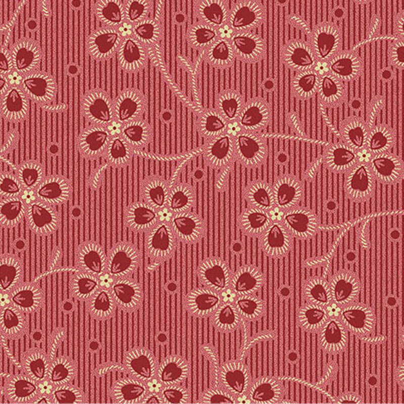 Red fabric with a tonal light red striped background and large red florals outlined in pink throughout