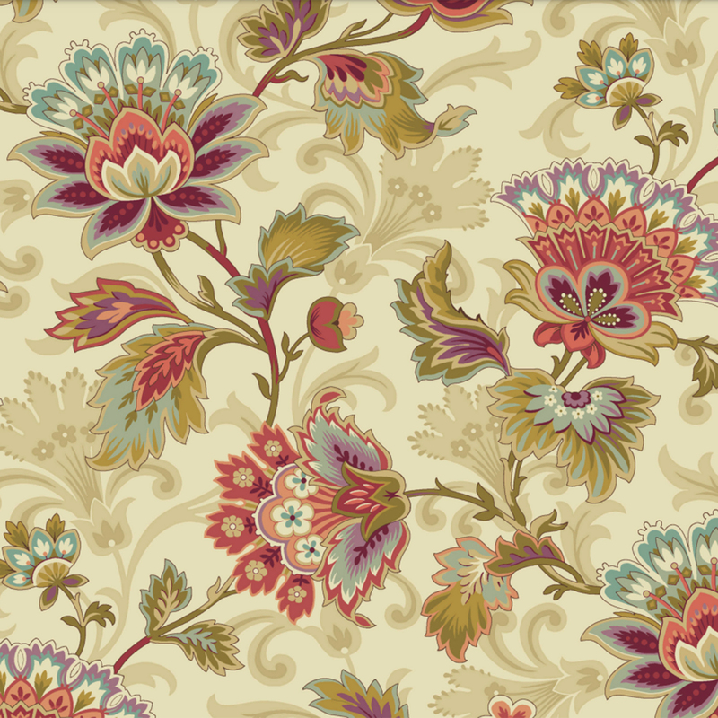Cream colored fabric with large, colorful bohemian-style florals and leaves