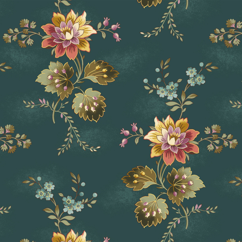 Teal fabric with large, colorful floral clusters and vines throughout