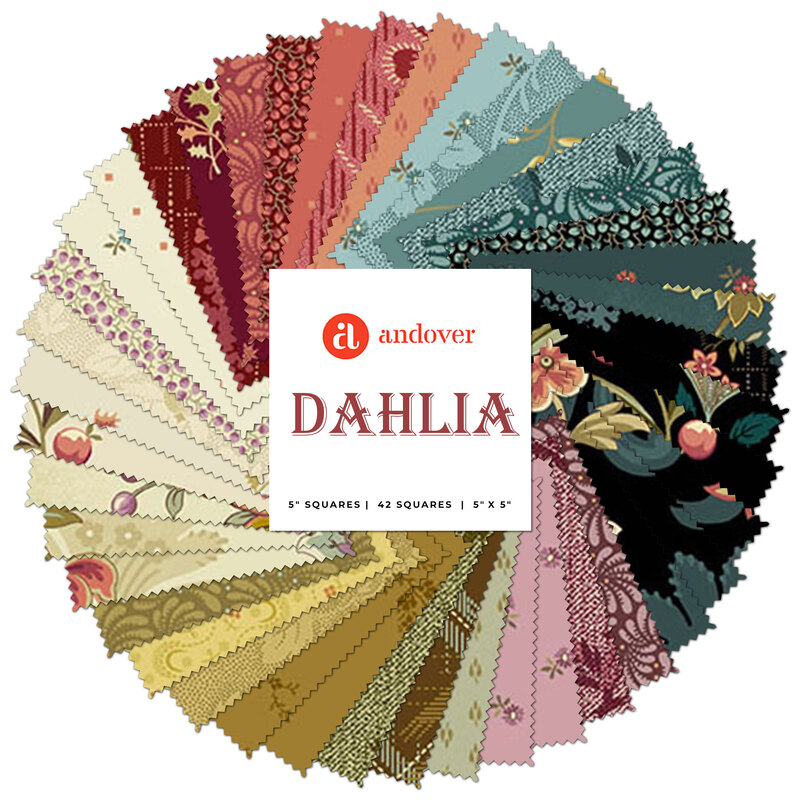 A spiraled collage of colorful fabrics with an Andover Dahlia logo in the center