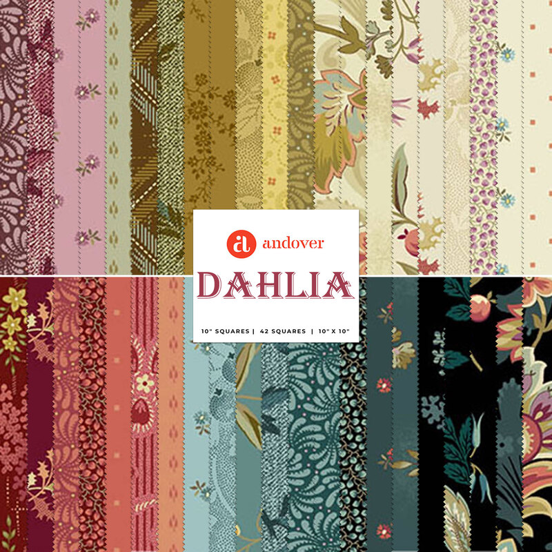 A stacked collage of colorful fabrics with a Andover Dahlia logo in the center