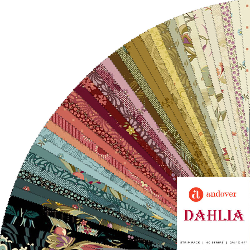 A fanned collage of colorful fabrics with a logo in the bottom corner - Andover Dahlia