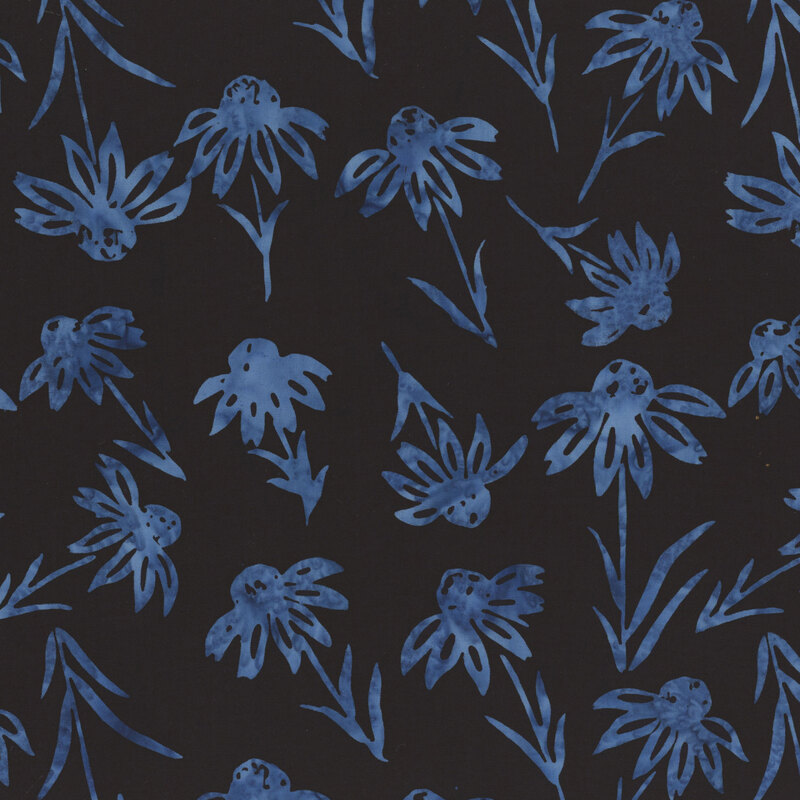 black fabric with dark blue floral outlines all over.