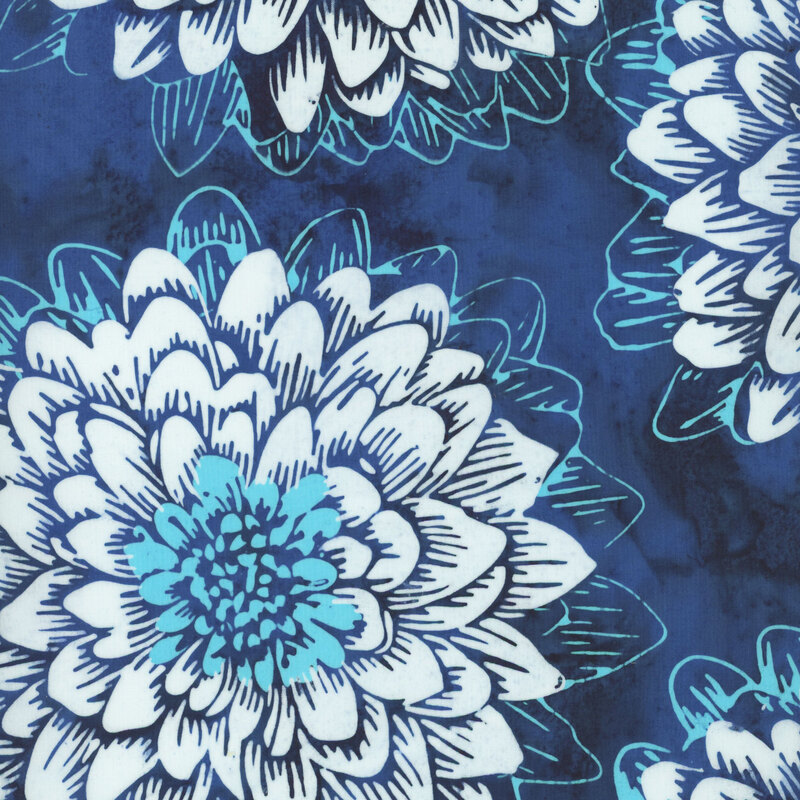 Mottled navy batik fabric with large white dahlia flowers.