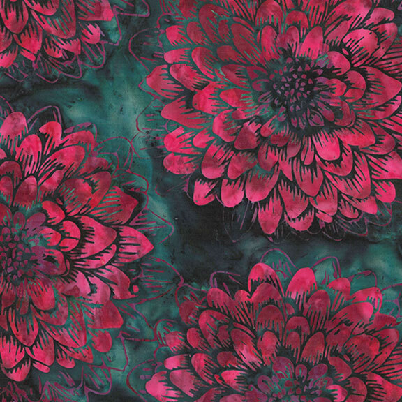 Dark teal mottled batik fabric with large bright pink mottled florals