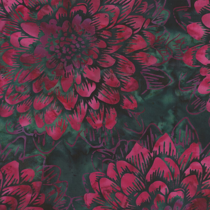 Dark teal mottled batik fabric with large bright pink mottled florals.