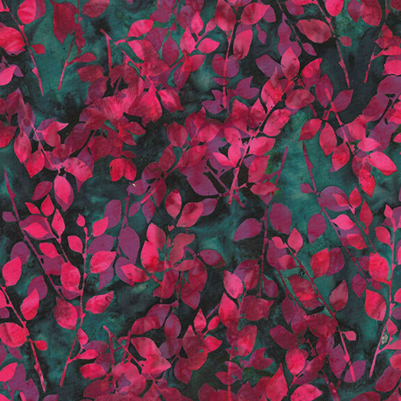 Dark teal mottled batik with bright pink leaves and sprigs throughout