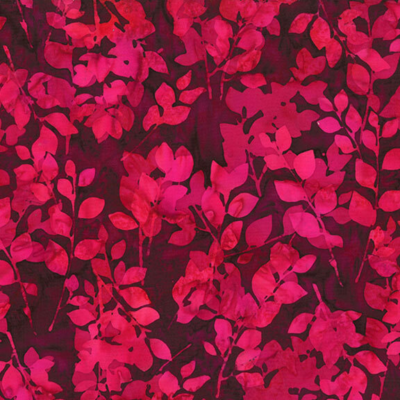 Dark pink mottled batik fabric with bright pink leaves and sprigs throughout