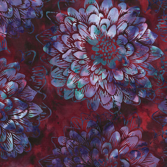 Dark red mottled batik fabric with large pale purple mottled florals