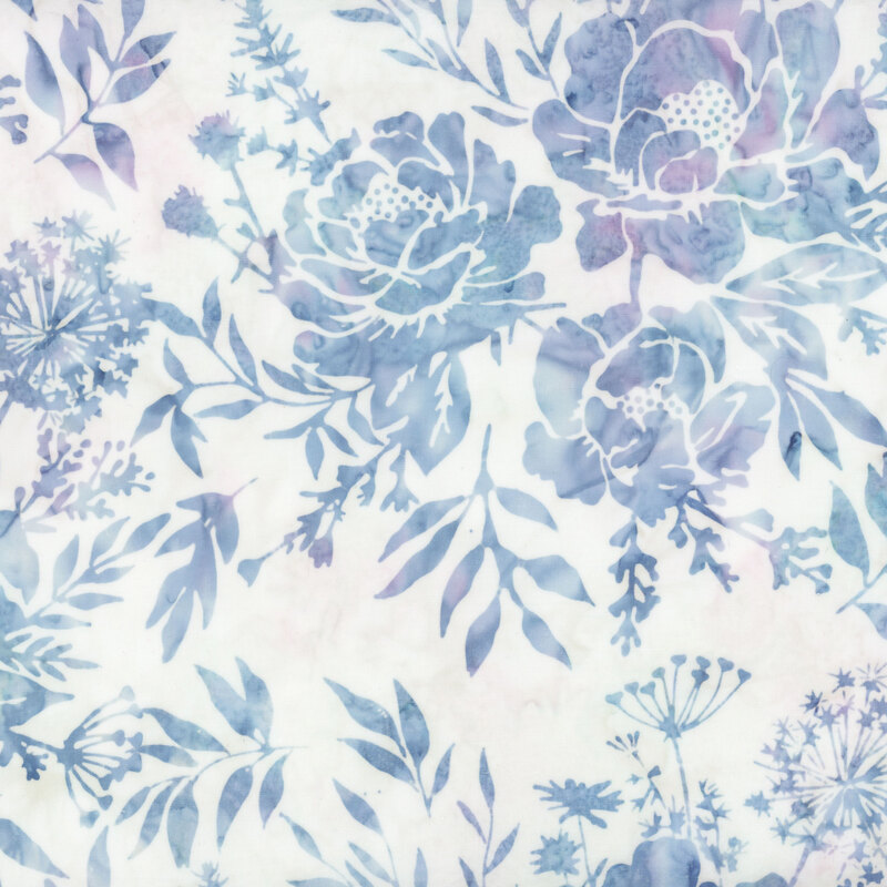White fabric featuring a purple and blue mottled floral design