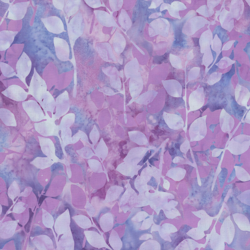 Mottled purple and blue watercolor fabric featuring mottled purple and white leaves