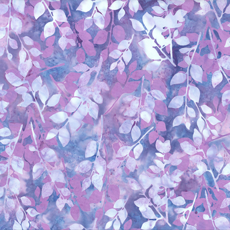 Mottled purple and blue watercolor fabric featuring mottled purple and white leaves