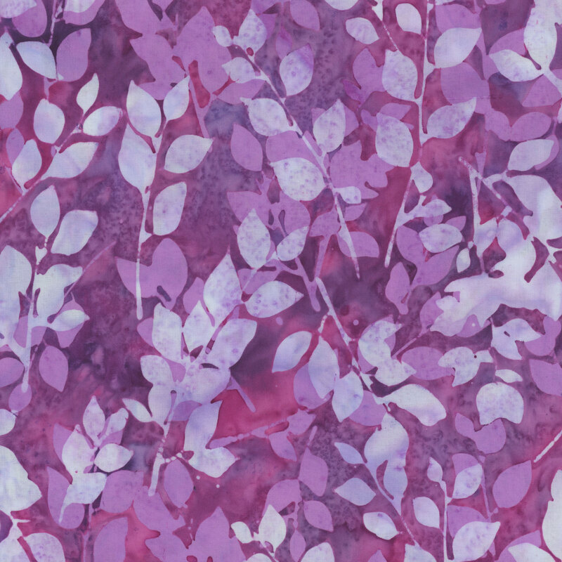 Mottled purple and red watercolor fabric with purple and white mottled leaves