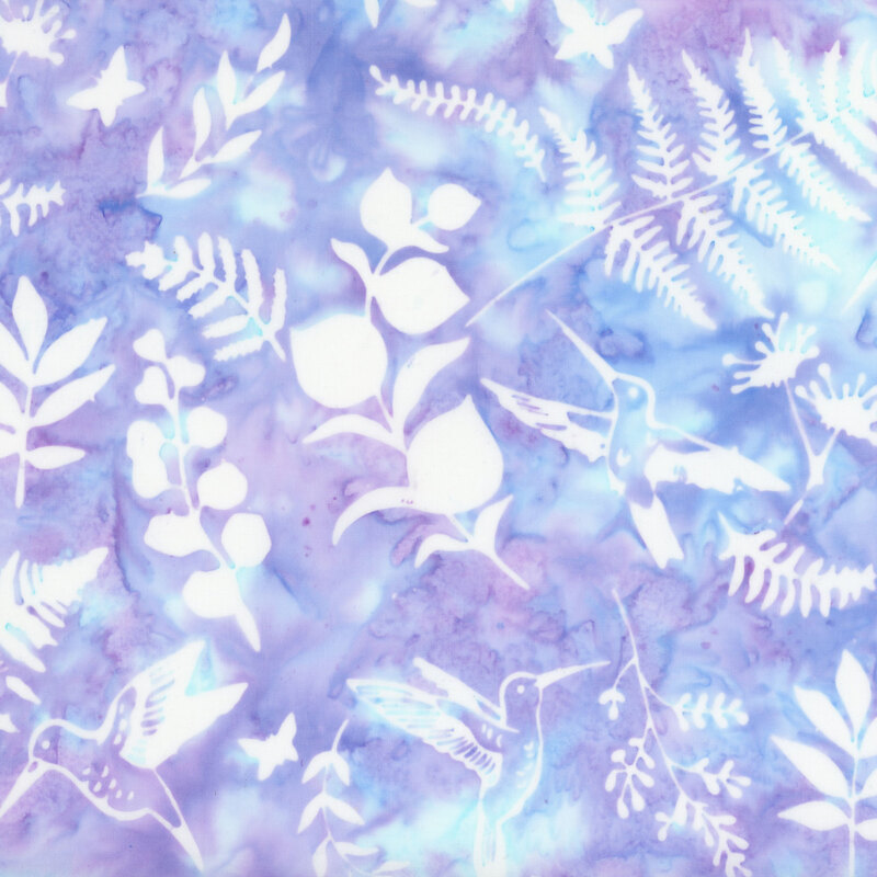 Purple, blue, and aqua mottled watercolor fabric featuring white ferns, birds, and butterflies