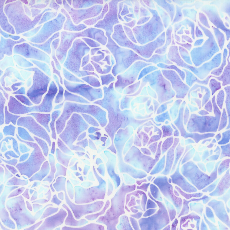 purple, blue, and aqua mottled watercolor fabric featuring a white outline of roses