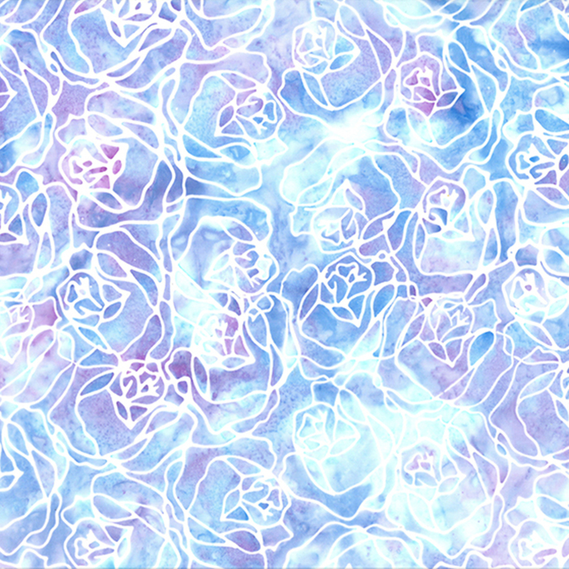 purple, blue, and aqua mottled watercolor fabric featuring a white outline of roses