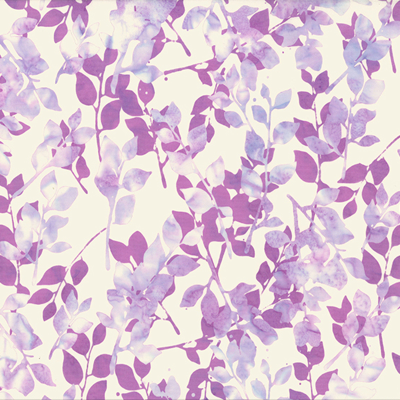 White fabric featuring mottled purple and white leaves