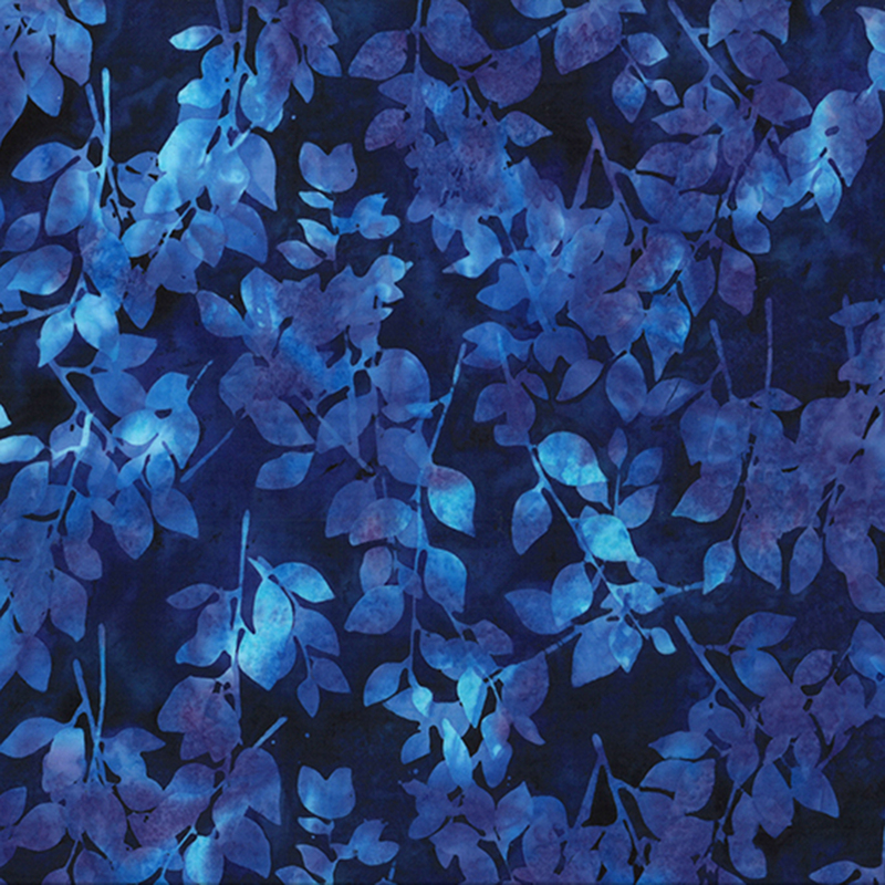 Tonal mottled blue fabric with leaves