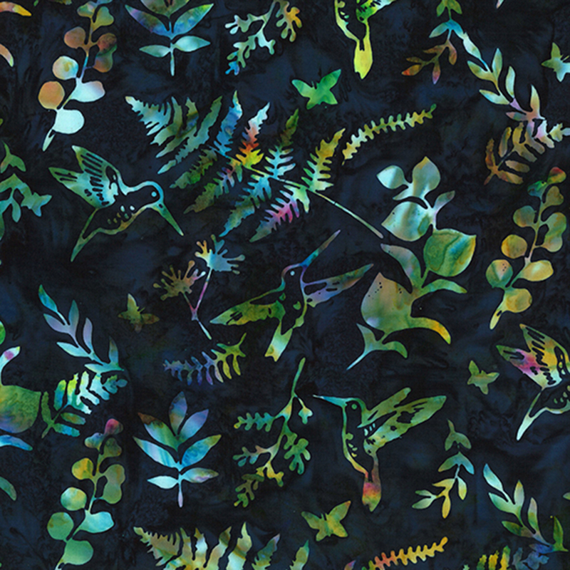 Dark navy blue mottled batik fabric with outlines of multi-colored hummingbirds and leafy sprigs