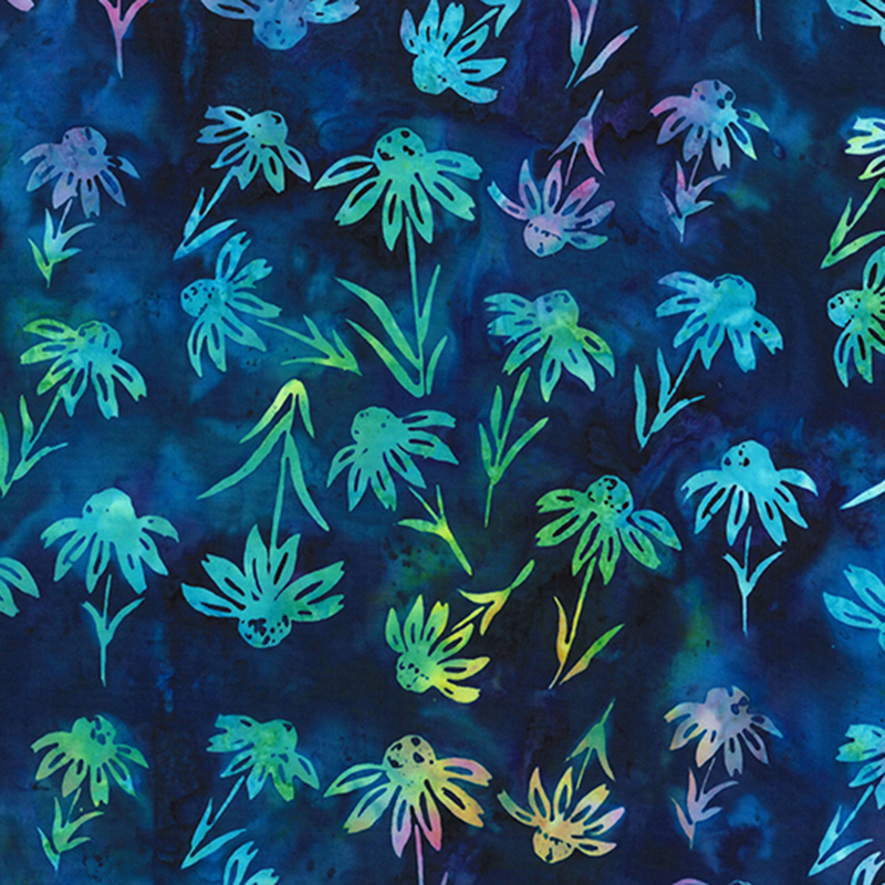 Dark navy blue mottled batik fabric with multi-colored ditsy florals throughout