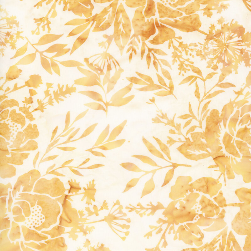 White batik fabric with a honey yellow floral pattern.