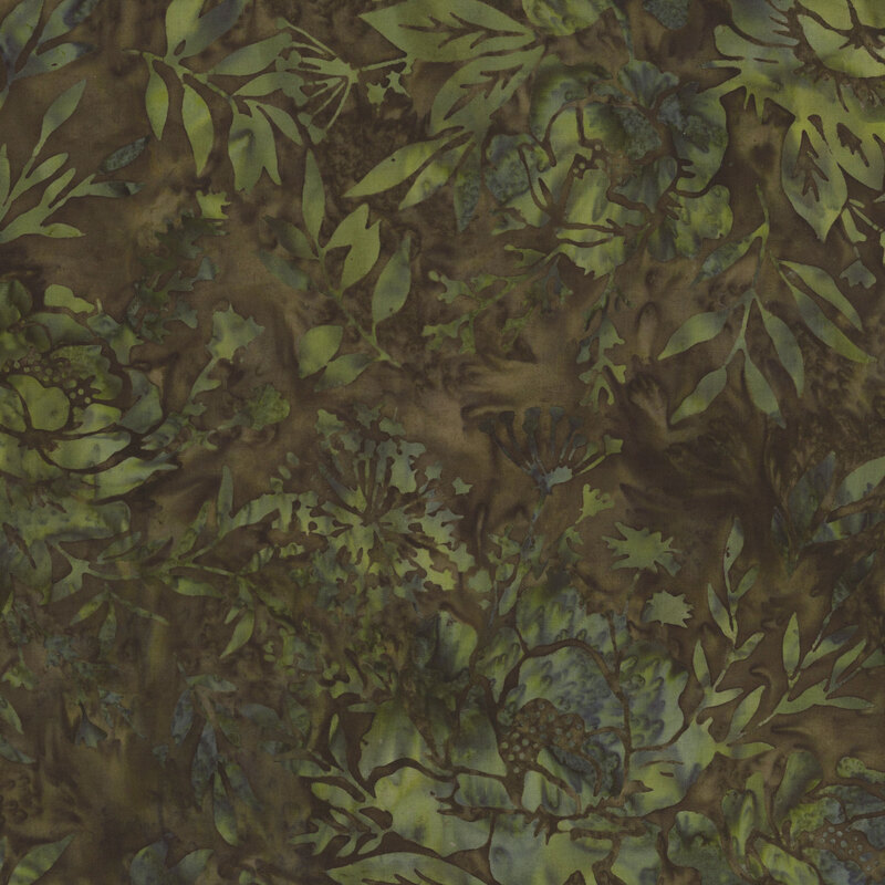 Mottled army green batik fabric with a tonal floral pattern.