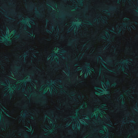 Dark green batik fabric with tonal floral overlay