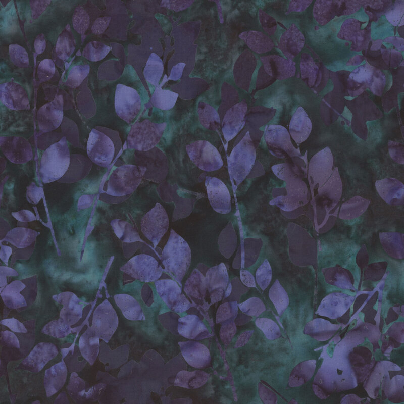 Viridian green batik with a purple leaf pattern.