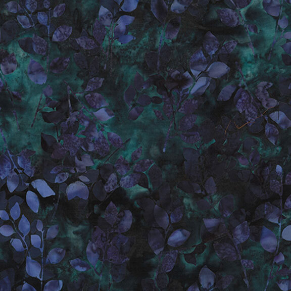 Viridian green batik with a purple leaf pattern.
