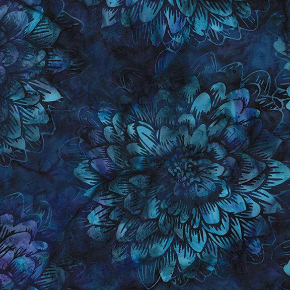 Sapphire blue batik fabric with tonal flowers 