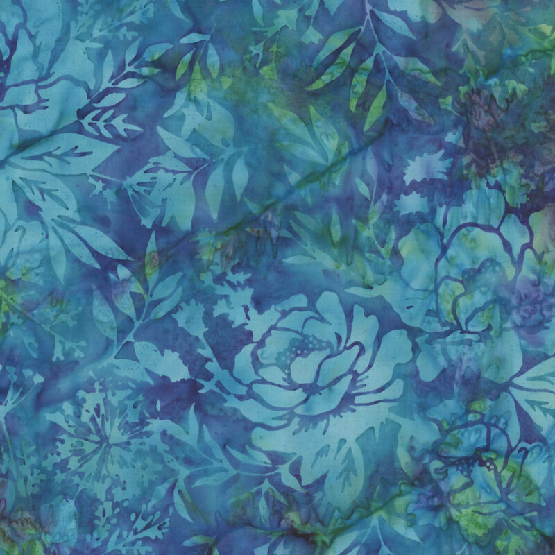 Tonal blue to green-hued batik featuring a floral pattern.