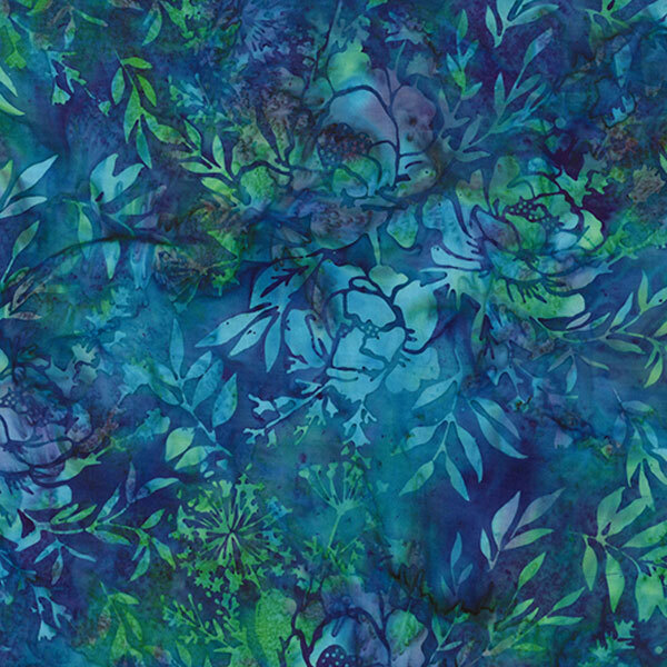 Tonal blue to green hued batik featuring a floral pattern